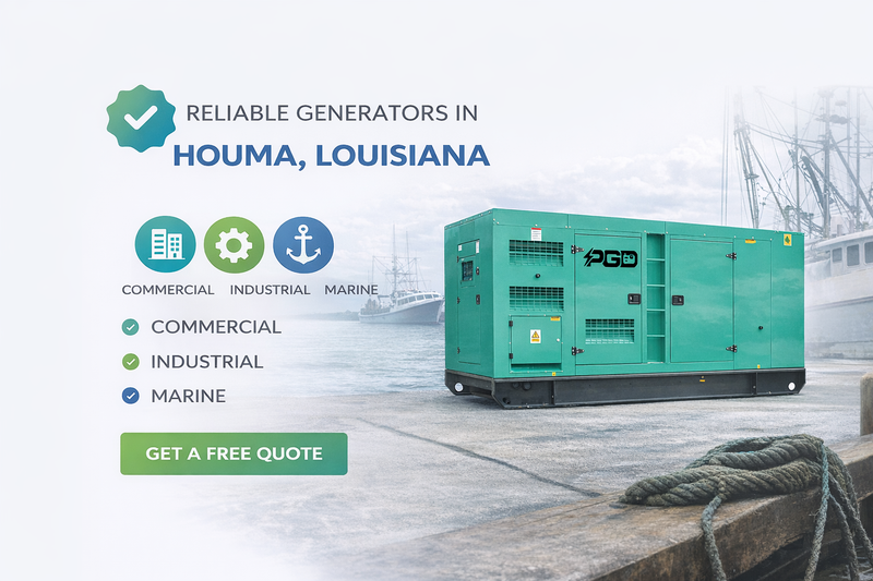 Generator on a dock with text about generators in Houma, Louisiana.
