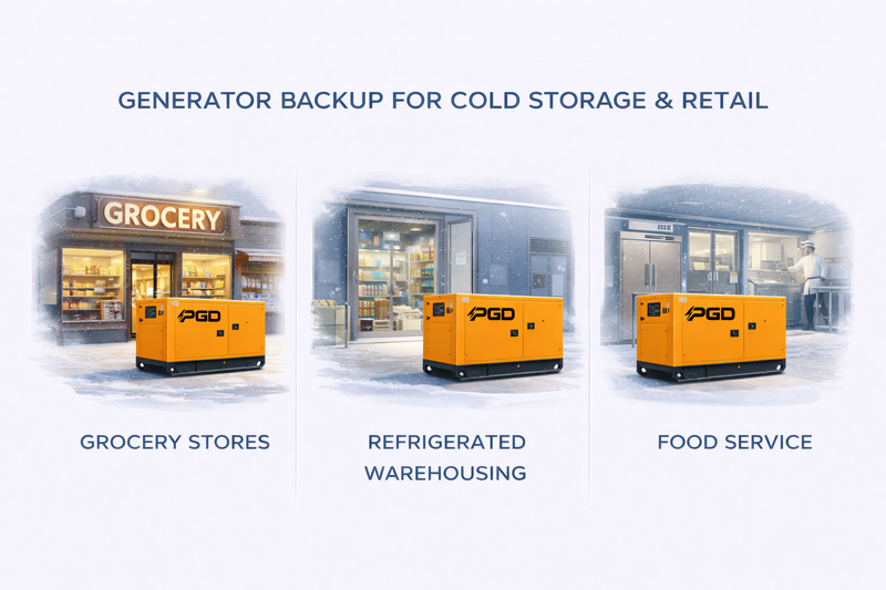 Three PGD generators in front of grocery, refrigerated warehousing, and food service buildings.