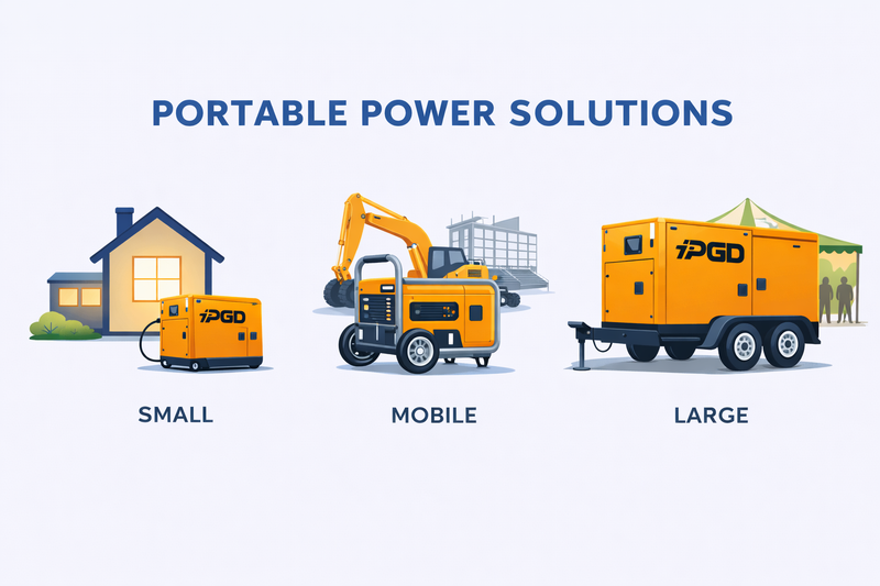 Illustration of portable power solutions with different sizes labeled 'Small', 'Mobile', and 'Large'.