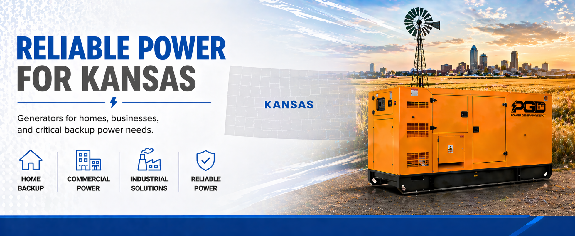 Generator with 'PGD' branding on a scenic background with windmill and city skyline.
