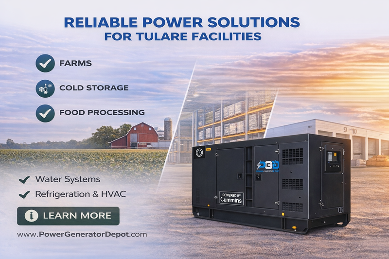 Generator with text about reliable power solutions for Tulare facilities on a blue and orange gradient background.