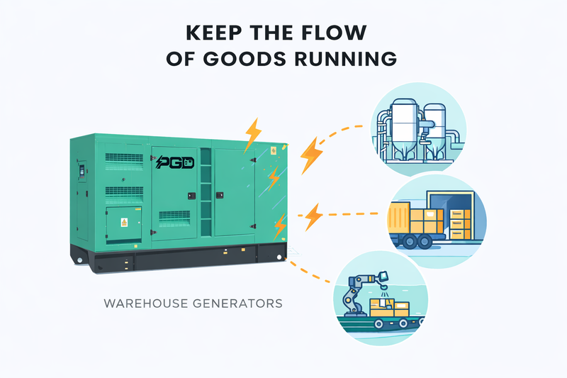 Advertisement for warehouse generators with a green generator and icons of a factory, truck, and robot.