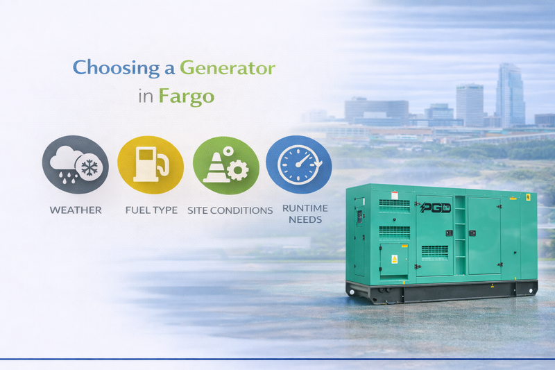 Generator with cityscape background and text on choosing a generator in Fargo