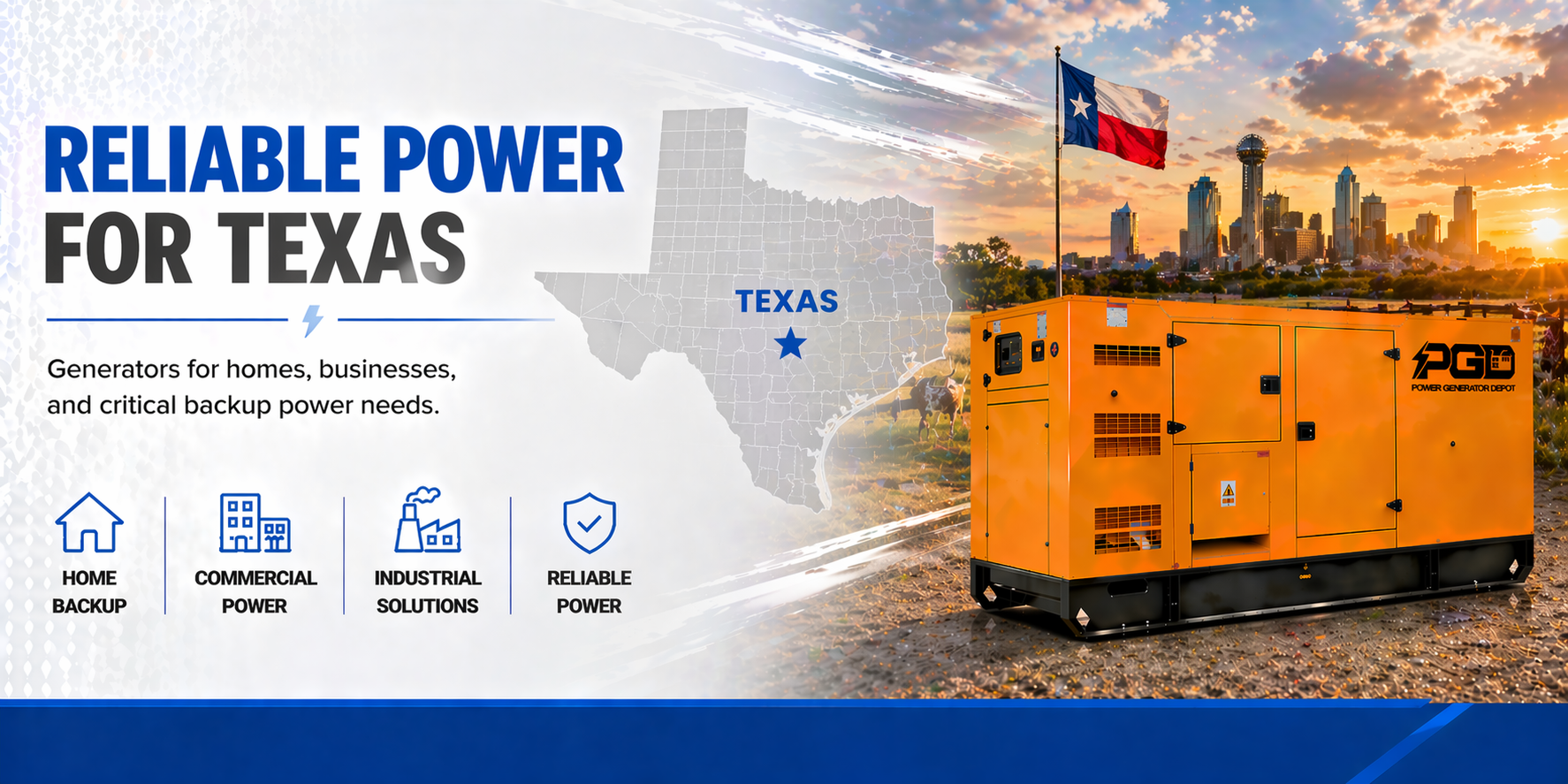 Generator with Texas map and cityscape, PG&E logo, and promotional text for reliable power solutions.