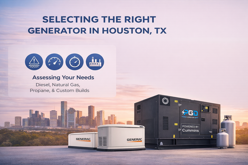 Generator selection guide for Houston, TX with Generac and Cummins branding.