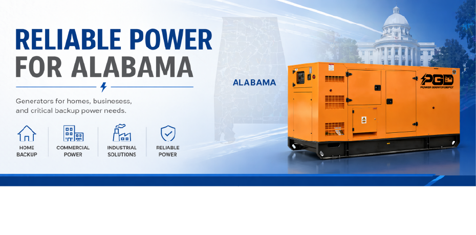 Orange generator with 'PGD' branding on a blue and white background, featuring text about reliable power for Alabama.