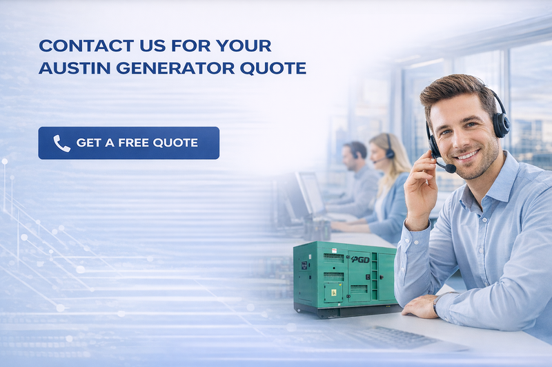 Man in a call center setting with a generator on a desk, promoting a free quote for Austin generator services.