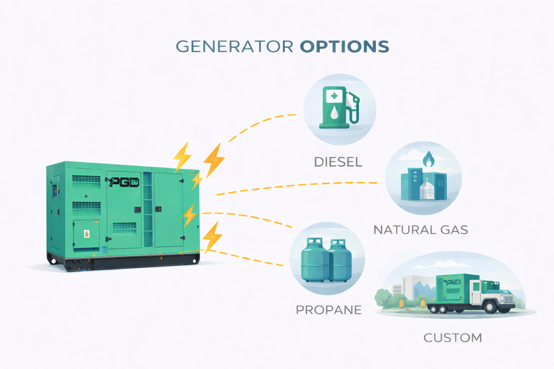 Generator options illustration with diesel, natural gas, propane, and custom fuel types.