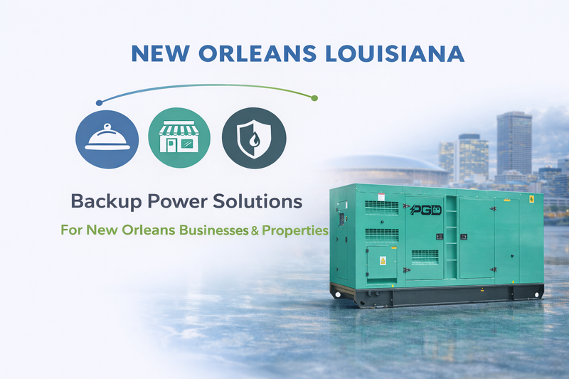 Backup power solution generator with New Orleans Louisiana text and icons on a cityscape background.