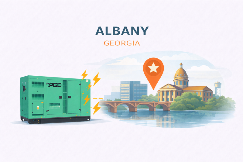 Green generator with 'P&G' branding in front of a cityscape labeled 'Albany, Georgia'.