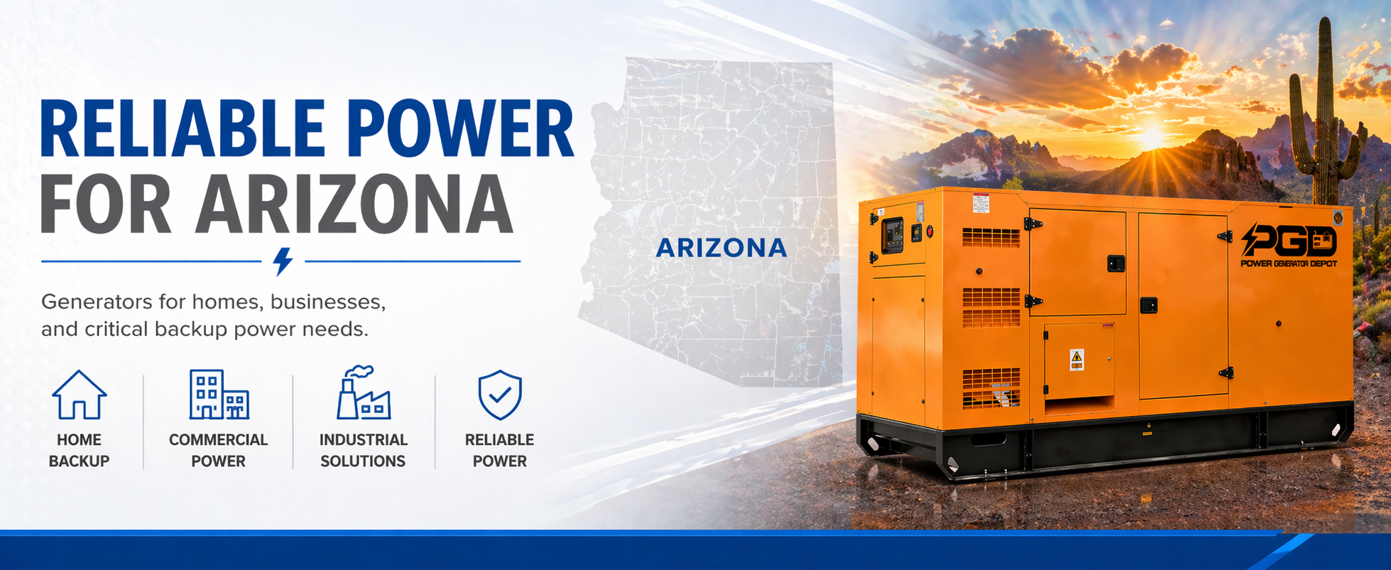 Orange generator with 'PGD' branding in a desert landscape with 'Reliable Power for Arizona' text.