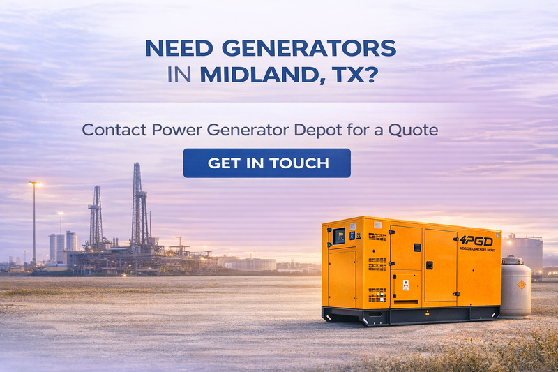 Promotional image for Power Generator Depot with a generator and industrial background.
