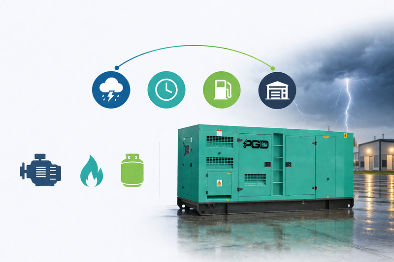 Green generator with icons representing weather, time, fuel, and building on a white background.