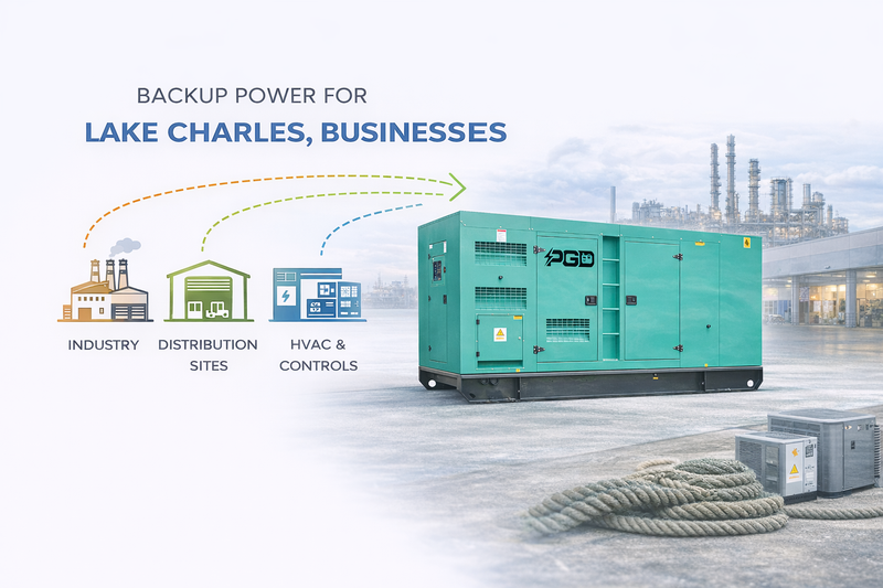 Generator set with 'P&G' branding in front of industrial buildings, labeled for Lake Charles businesses.