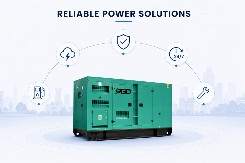 Green generator with 'AGD' branding on a cityscape background, emphasizing reliable power solutions.