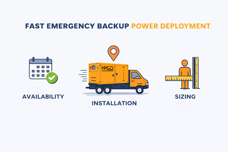 Illustration of a power deployment service with icons for availability, installation, and sizing.