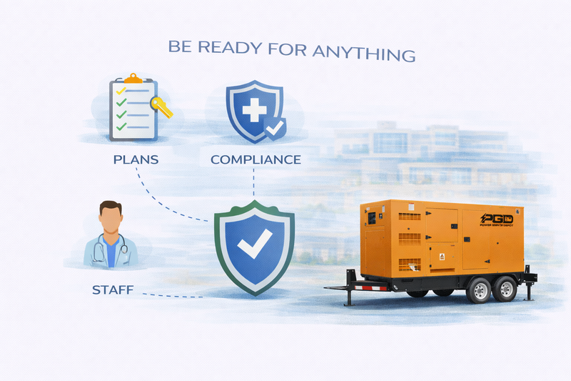 Diagram showing elements of preparedness with a generator, plans, compliance, and staff.