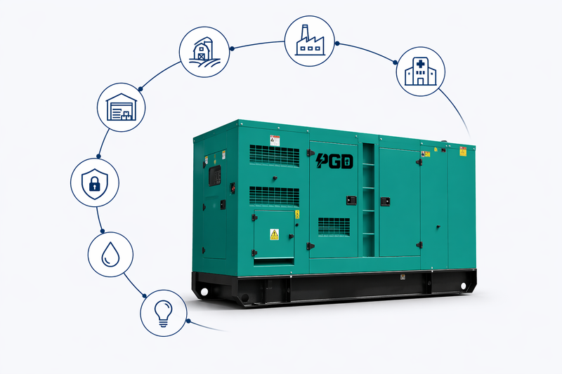 Green generator with PGD logo on a white background, surrounded by icons.