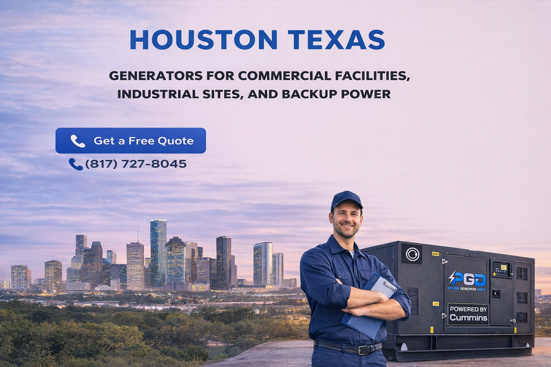 Man standing next to a generator with Houston Texas skyline in the background