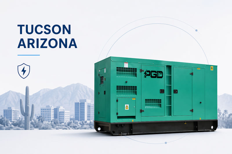 Green generator with 'PGD' branding against a cityscape and mountain background, labeled 'Tucson, Arizona'.