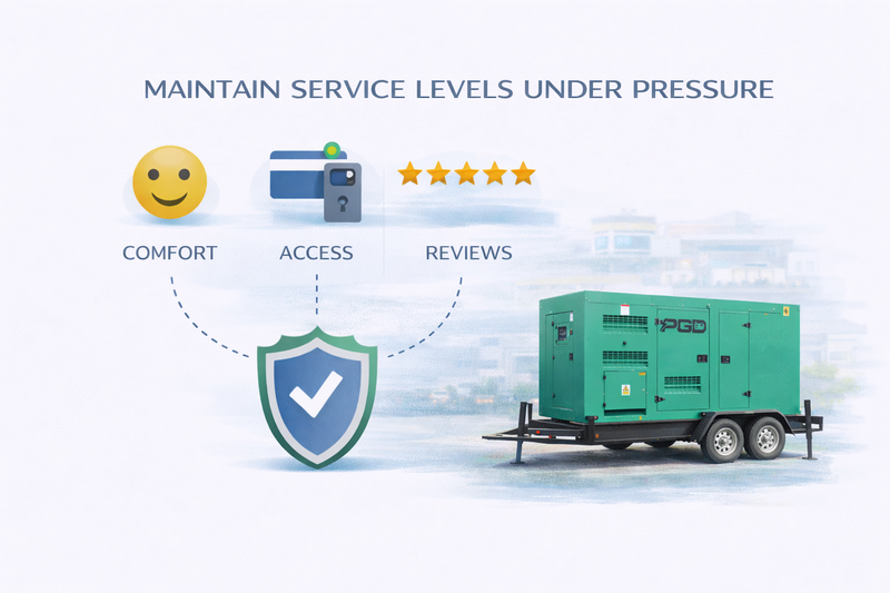 Green generator on wheels with icons and text about maintaining service levels under pressure.