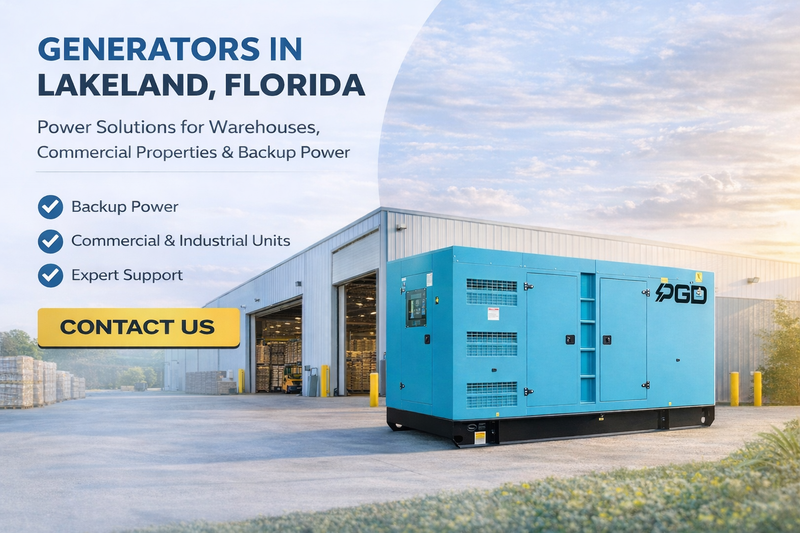 Blue generator in front of a warehouse with promotional text about power solutions in Lakeland, Florida.
