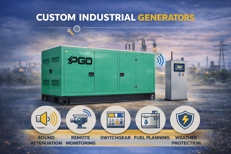 Green industrial generator with PGD branding against an industrial background