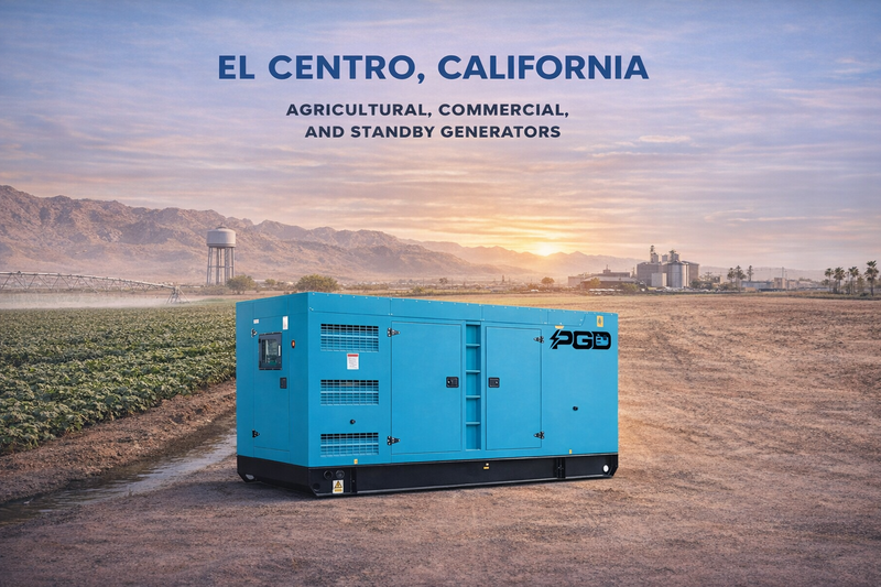 Blue generator in a field with mountains and buildings in the background, labeled 'El Centro, California'.