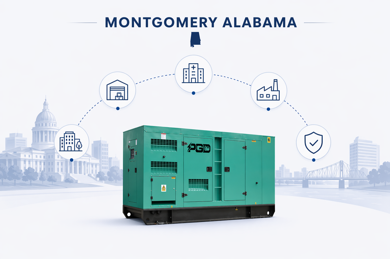 Green generator with Montgomery, Alabama text and icons on a cityscape background