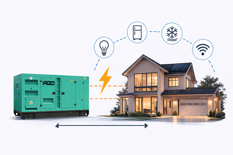 Green generator supplying power to a house with icons indicating energy usage.