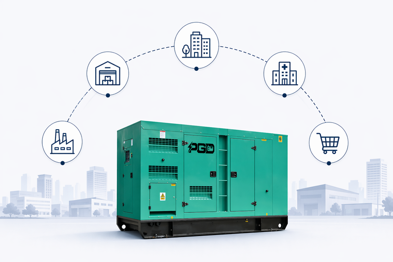 Green generator with PGD branding on a cityscape background