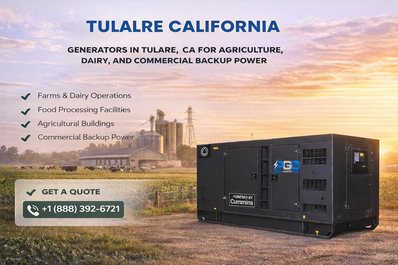 Generator with promotional text for Tulare, California, for agriculture, dairy, and commercial backup power.