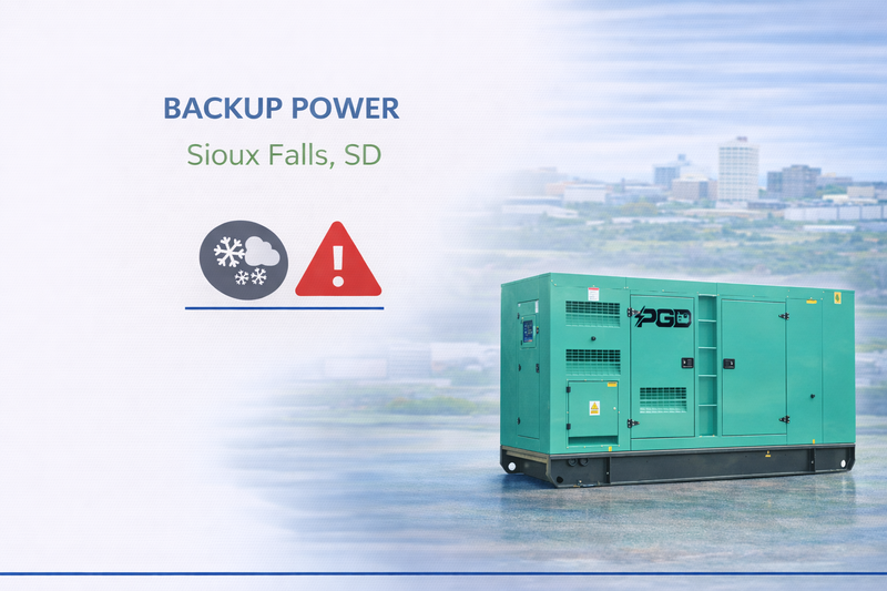 Green generator with 'Backup Power' text and cityscape in the background