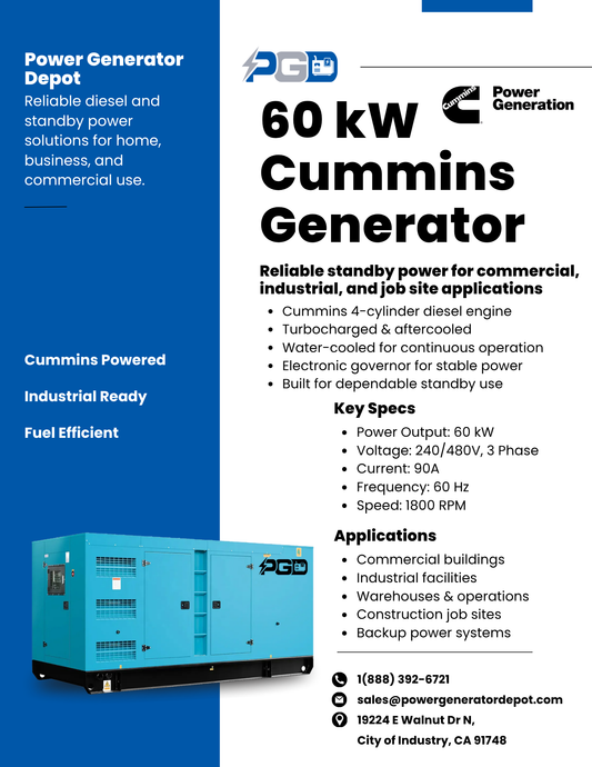 60kW Cummins Diesel Generator Water Cooled Silent 240V or 480V 3 Phase