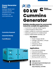 60kW Cummins Diesel Generator Water Cooled Silent 240V or 480V 3 Phase