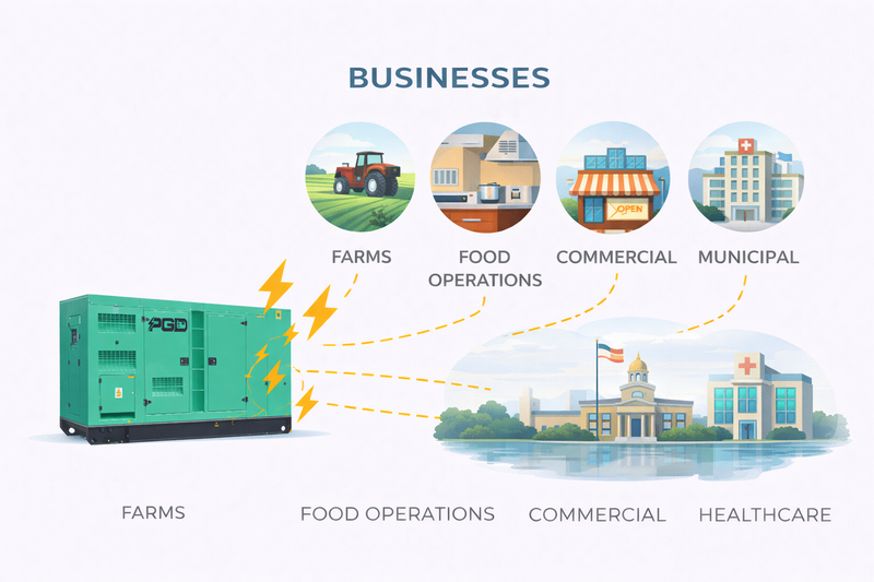 Diagram showing a generator with icons labeled 'Farms', 'Food Operations', 'Commercial', and 'Municipal' connecting to different sectors.