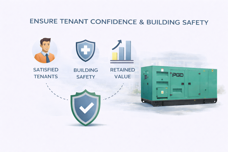 Promotional graphic for building safety and tenant confidence with a green generator and icons.