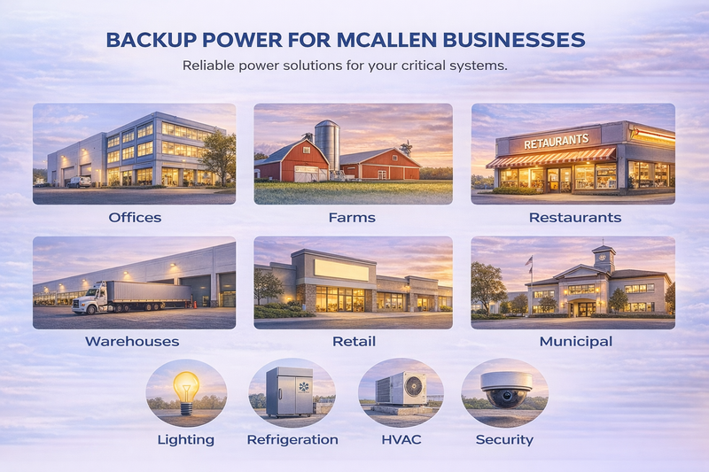 Advertisement for backup power solutions for various businesses with images of buildings and icons.