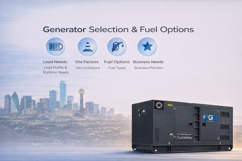 Generator selection and fuel options with Cummins logo against a cityscape background
