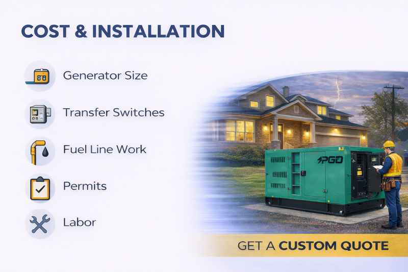 Generator with house in the background, listing cost and installation items on a white background.