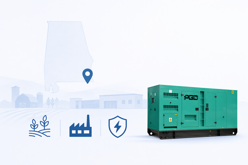 Green industrial generator with icons of nature, factory, and shield on a light blue background