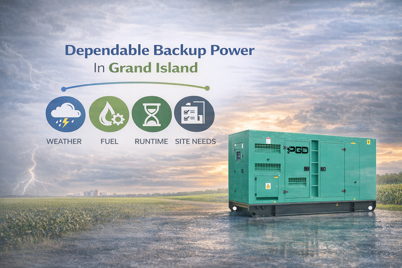 Green generator in a field with text about dependable backup power in Grand Island.