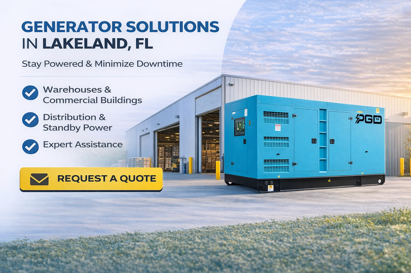 Generator solution advertisement for warehouses and commercial buildings in Lakeland, FL.