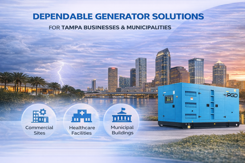 Generator solution for Tampa businesses and municipalities with city skyline and generator in foreground.