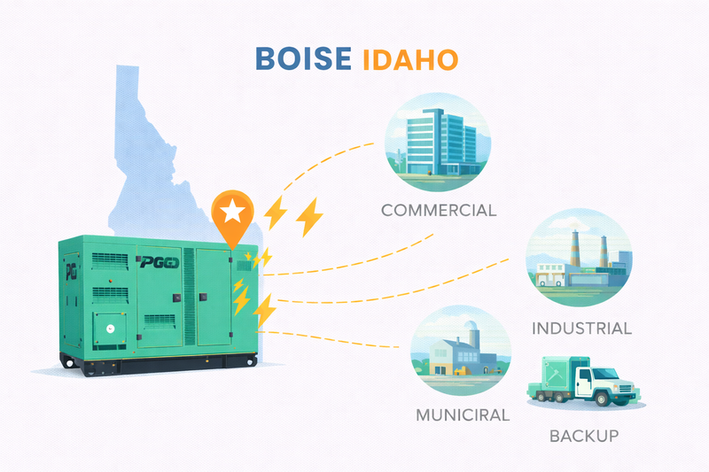 Diagram showing a generator with icons labeled 'Commercial', 'Industrial', 'Municipal', and 'Backup' in Boise, Idaho.