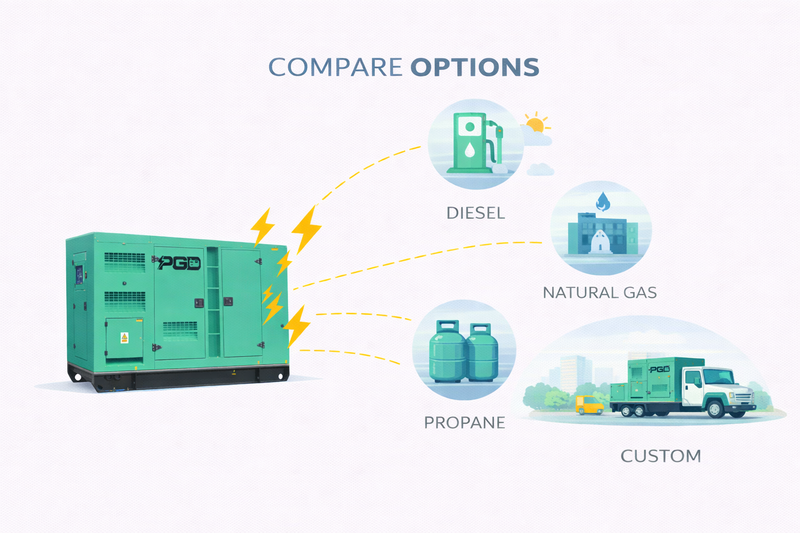 Generator with options for fuel types including diesel, natural gas, propane, and custom fuel sources.