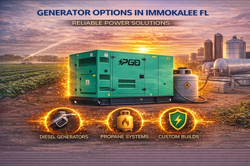 Generator options in Immokalee, FL with PGD logo and power solutions icons.