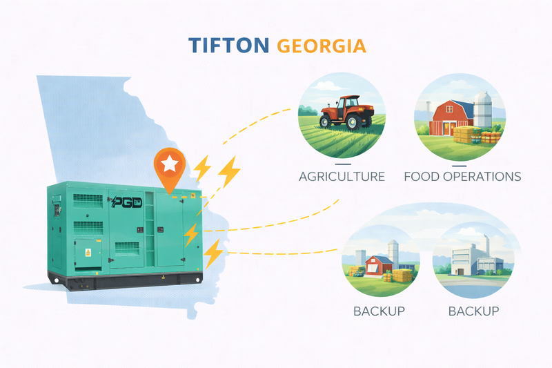 Map of Tifton, Georgia with icons representing agriculture, food operations, and backup power sources.