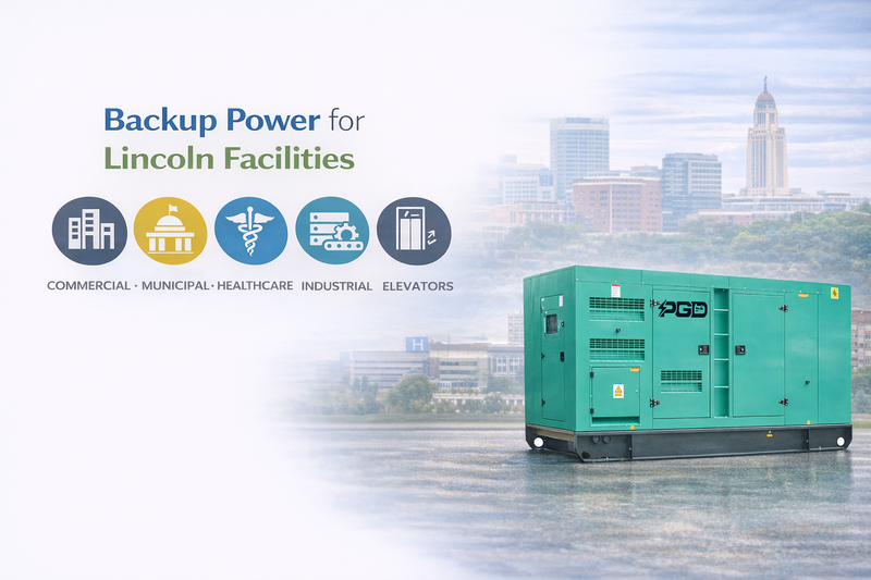 Generator with cityscape background and text about backup power for Lincoln facilities.