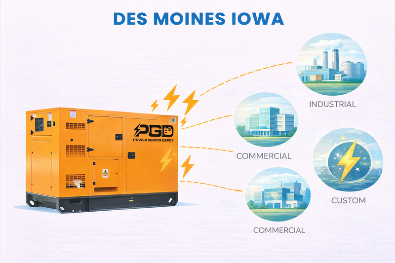 Orange generator with PGE logo and icons indicating industrial, commercial, and custom power solutions in Des Moines, Iowa.